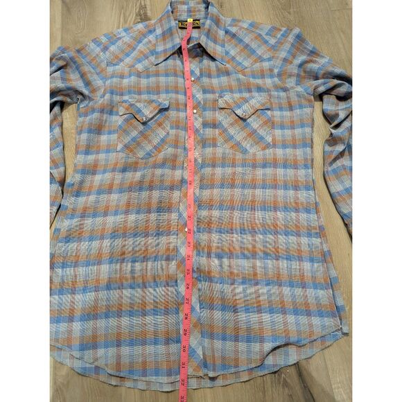 Vintage 70s Tem Tex Pearl Snap Western Shirt Mens M Plaid Check Cowboy Sawtooth - Picture 7 of 11
